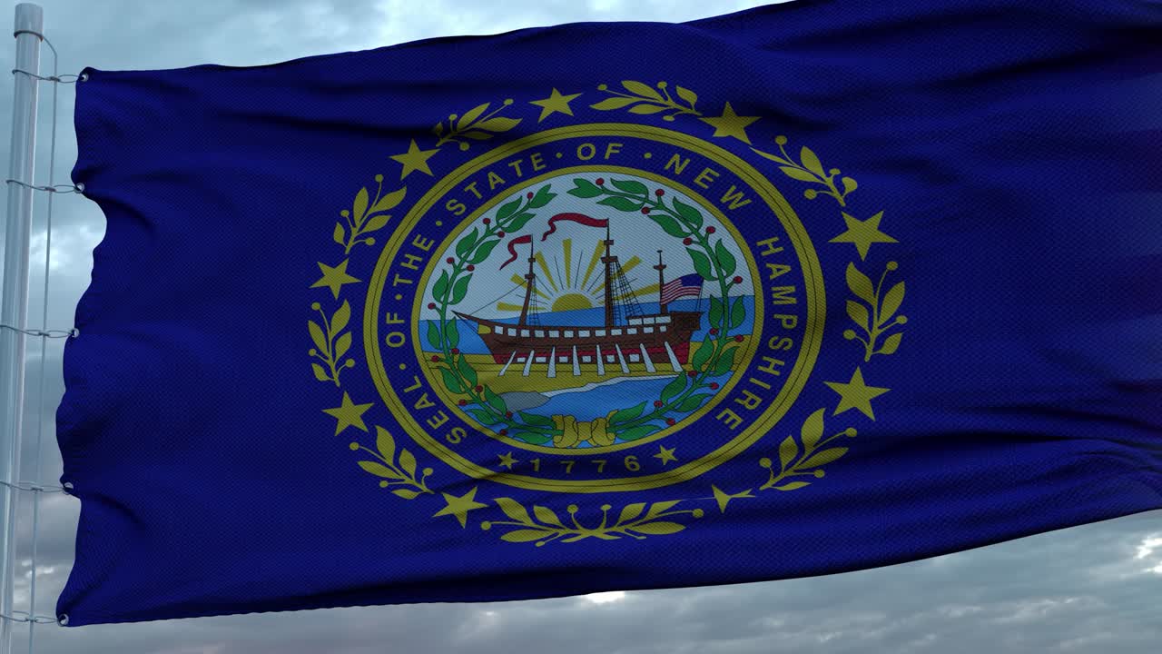Bandiera mista di USA e New Hampshire che sventola al vento. Bandiera del New Hampshire e degli USA su asta