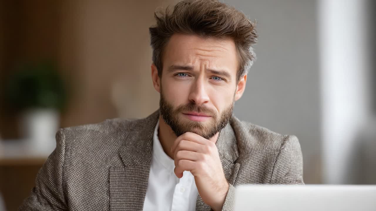 Thoughtful Man in Smart Attire Reflecting Deeply While Sitting at a Desk, Exuding Confidence and Contemplation in a Modern Environment