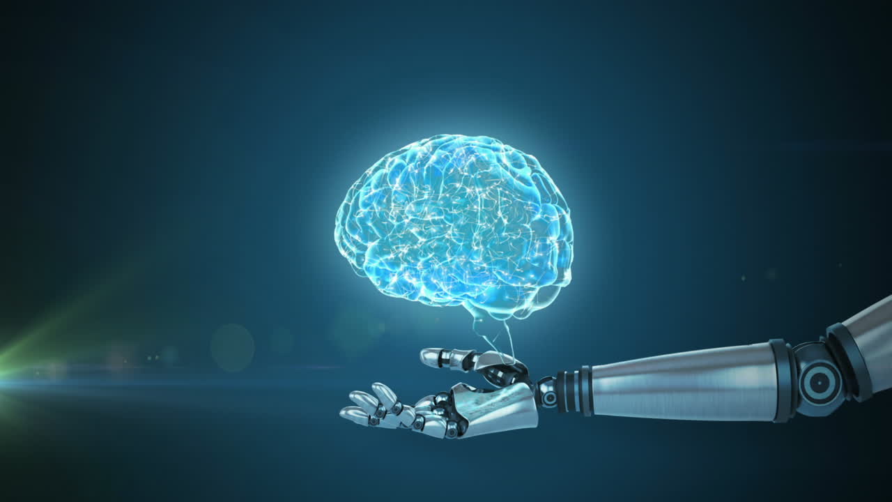 Animation of human brain over robot's arm on blue background