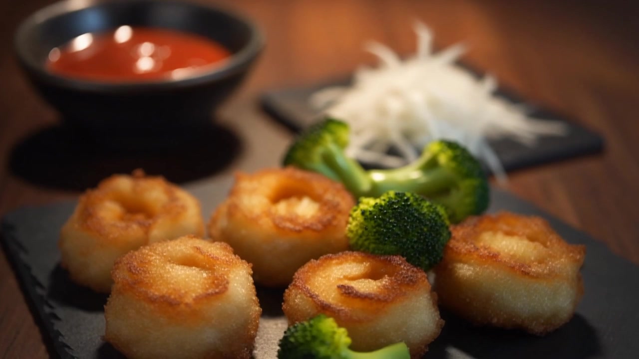 Anelli di calamari fritti serviti con broccoli e salsa d'accompagnamento