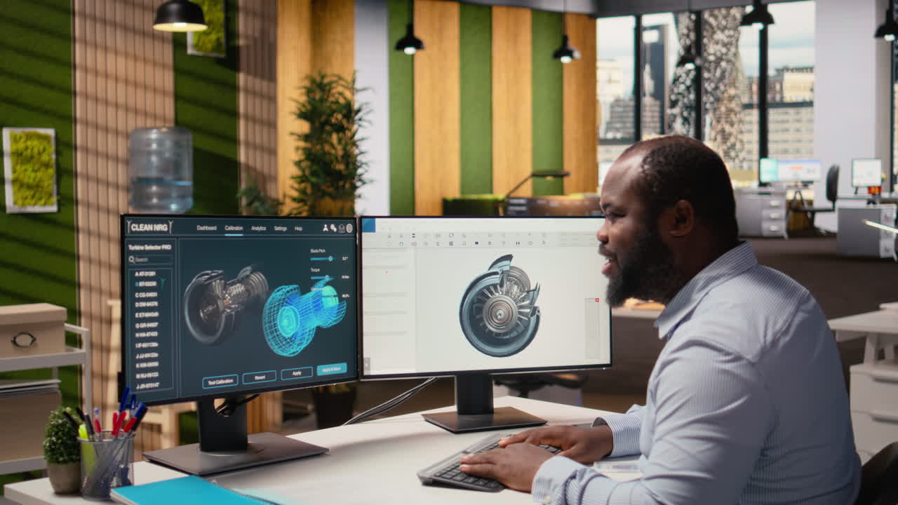 Engineer In Office Working On Wind Turbine Cad Design For Improved Technology