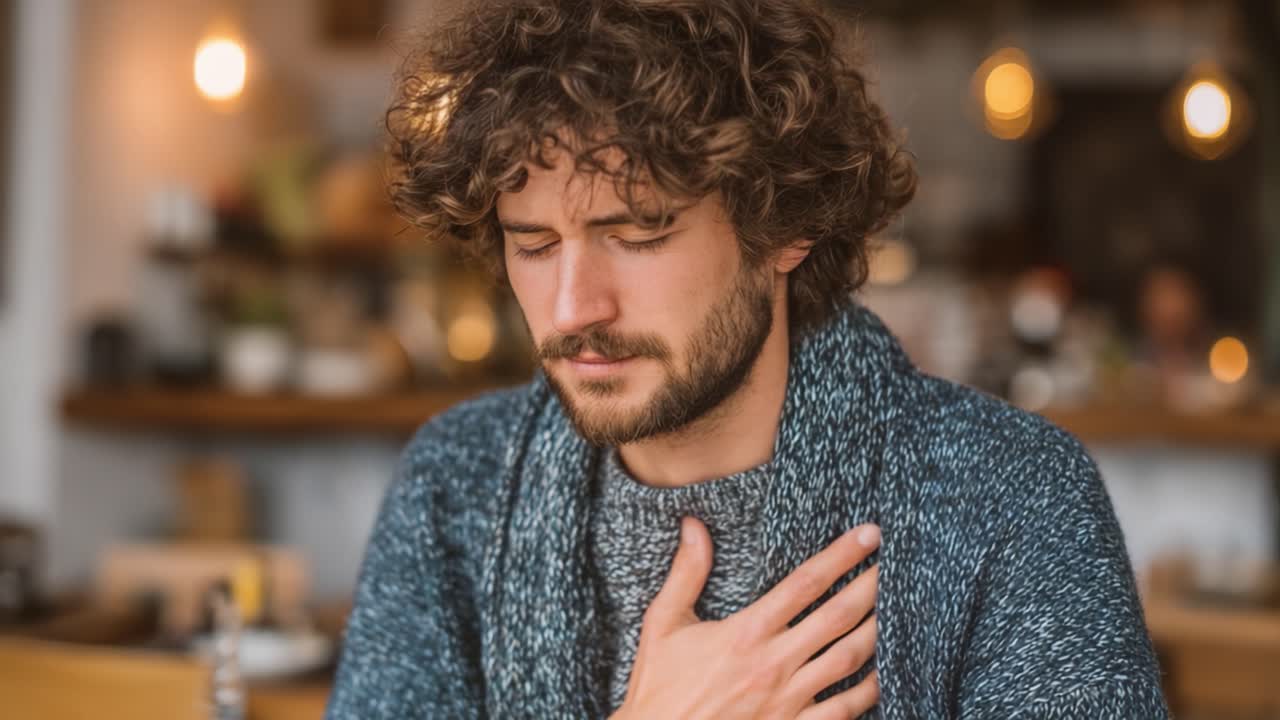 Um momento contemplativo capturado em um ambiente aconchegante, retratando uma pessoa experimentando profunda reflexão e emoção enquanto sentada em um ambiente de café calorosamente iluminado