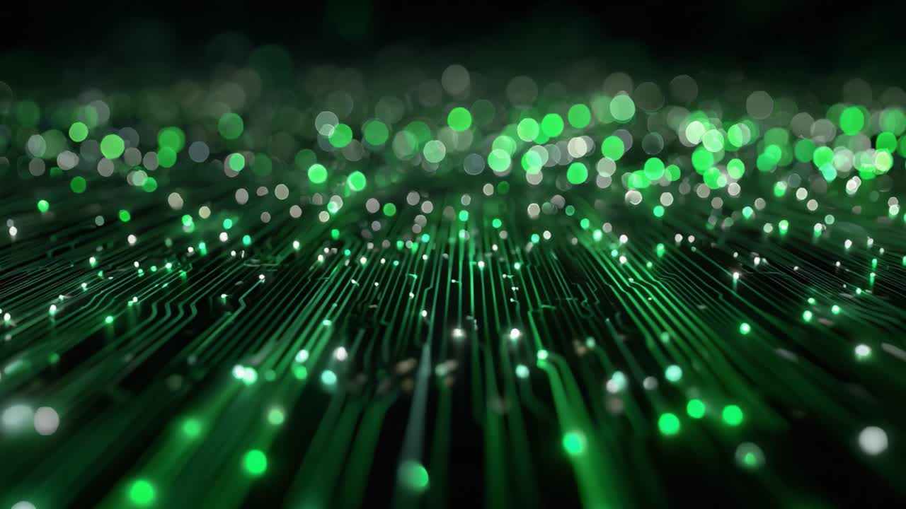 A Captivating Display of Digital Green Light Patterns: Explore the Intricate Connections of a Futuristic Technology World Highlighted by Glowing Circuitry and Bokeh Effects
