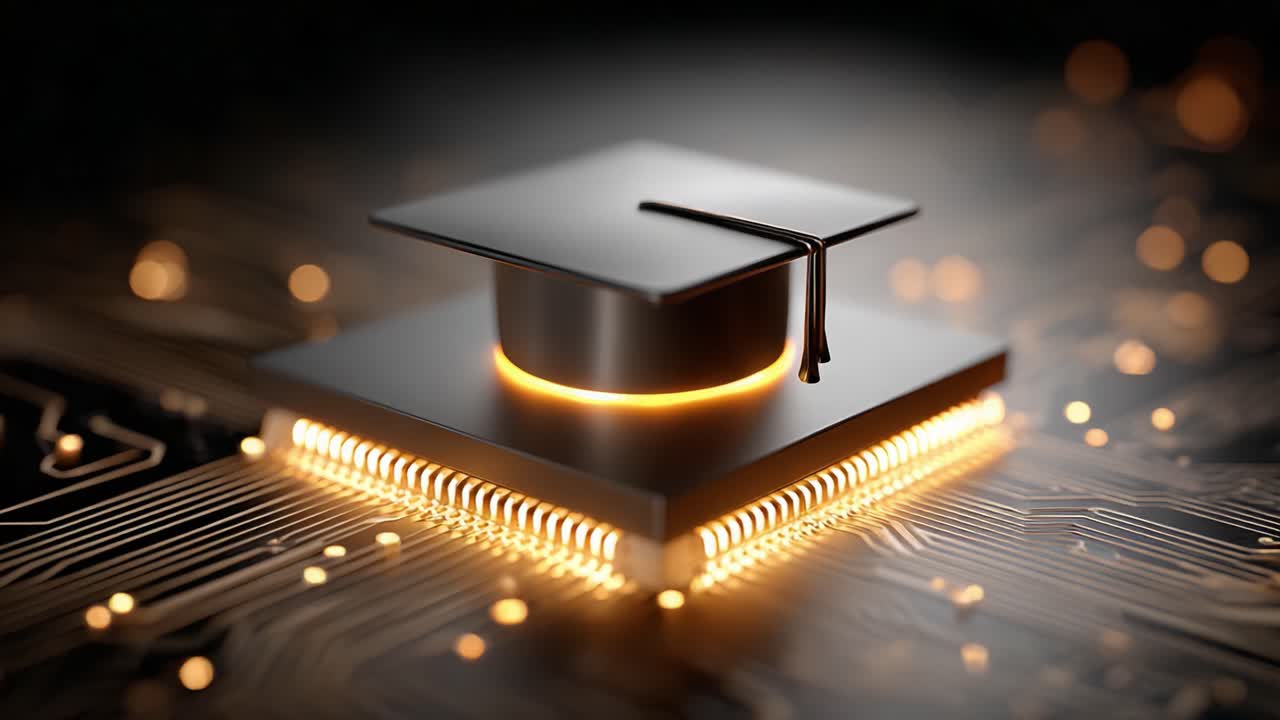 A Symbol of Innovation: A Graduation Cap Resting on a Circuit Board, Merging Education with Technology in a Contemporary Digital Landscape