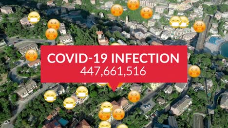 texto de infección por covid-19 con números crecientes y emojis faciales contra una vista aérea del paisaje urbano