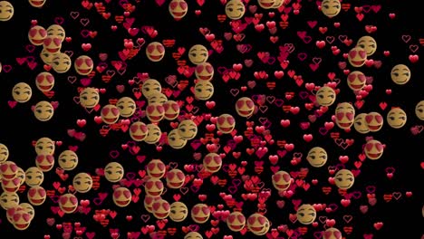 Animation-of-floating-emojis-and-hearts-over-black-backgroung