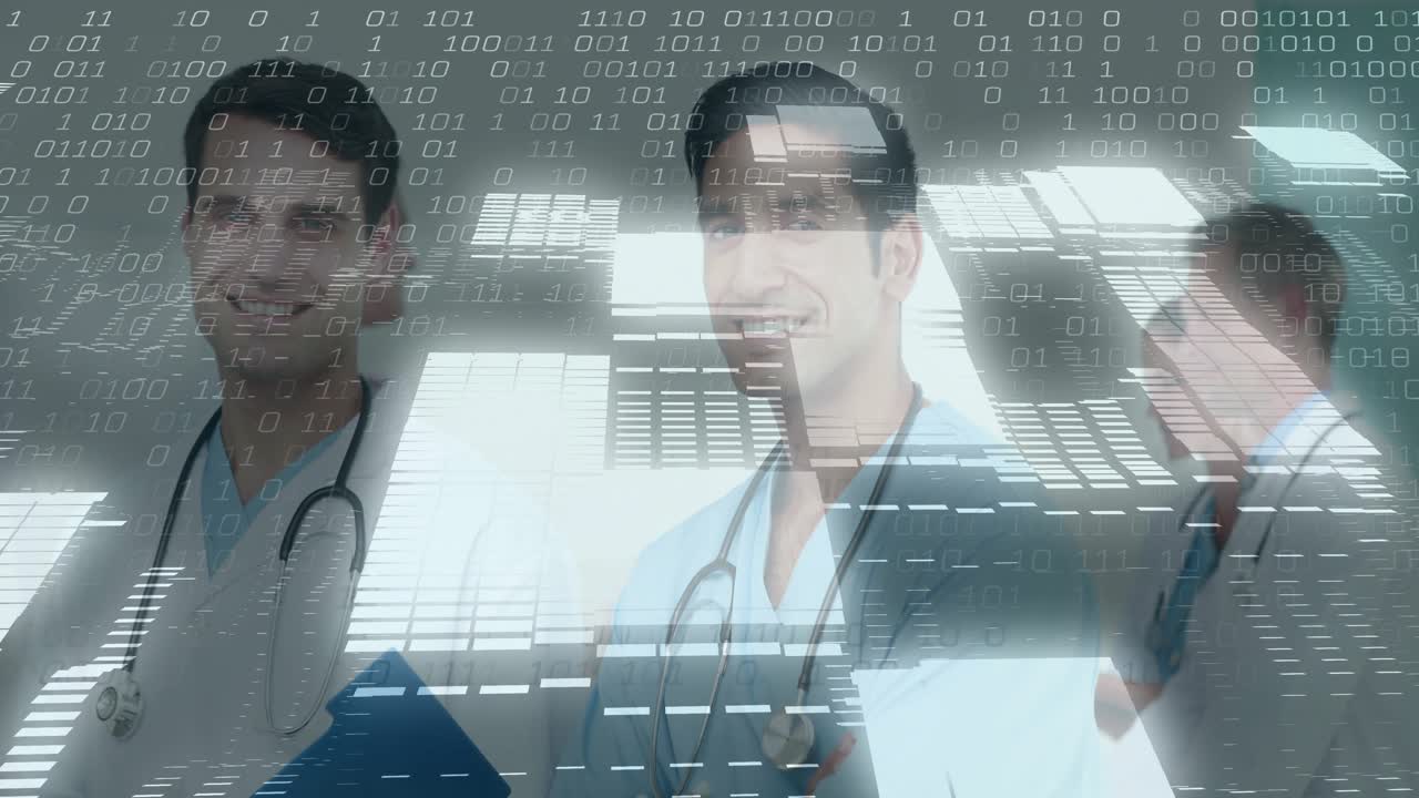 Health data overlay shifting revealing doctors holding chart and stethoscopes meeting camera gaze