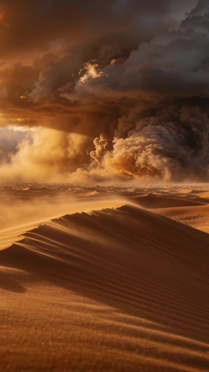 Video verticale: Vento che modella la cresta di una duna, formando un vortice di polvere all'orizzonte nel deserto