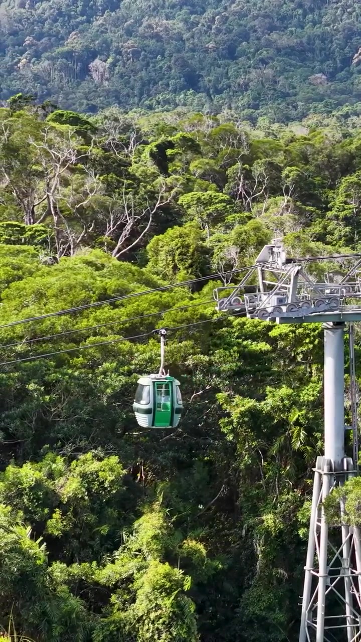 Una cabina verde della funivia scivola oltre un'alta torre di supporto metallica sopra una giungla fitta.