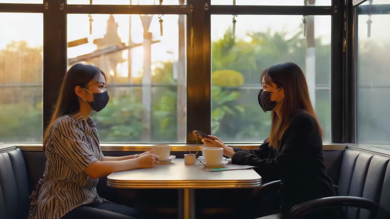 Two women wearing face masks in a cafe