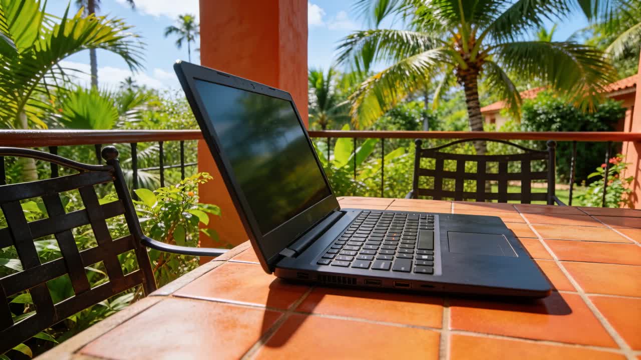 La telecamera panoramica avvicina un laptop nero aperto su una terrazza, mostrando la tastiera e i riflessi mutevoli.