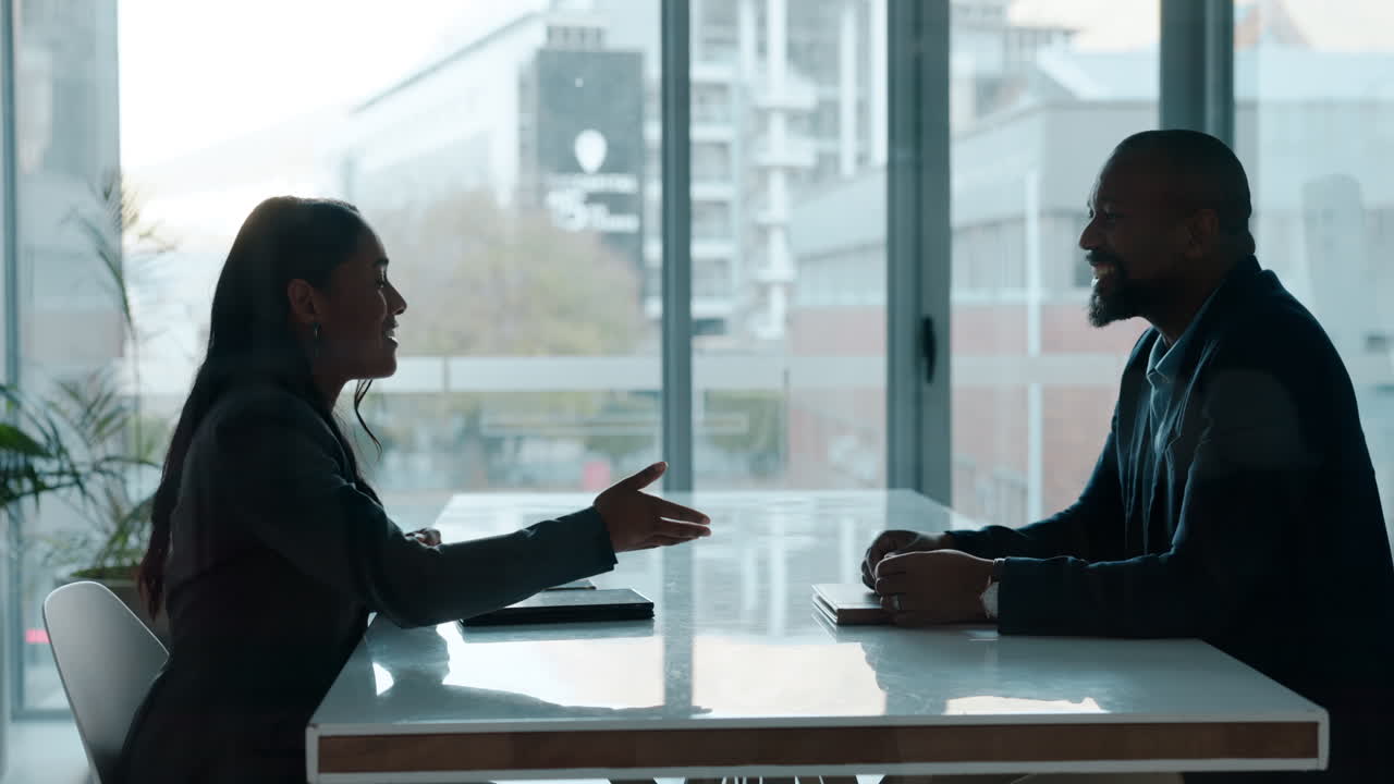 Job interview, handshake and business people