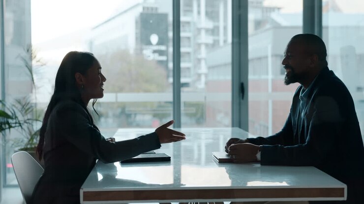 Job interview, handshake and business people