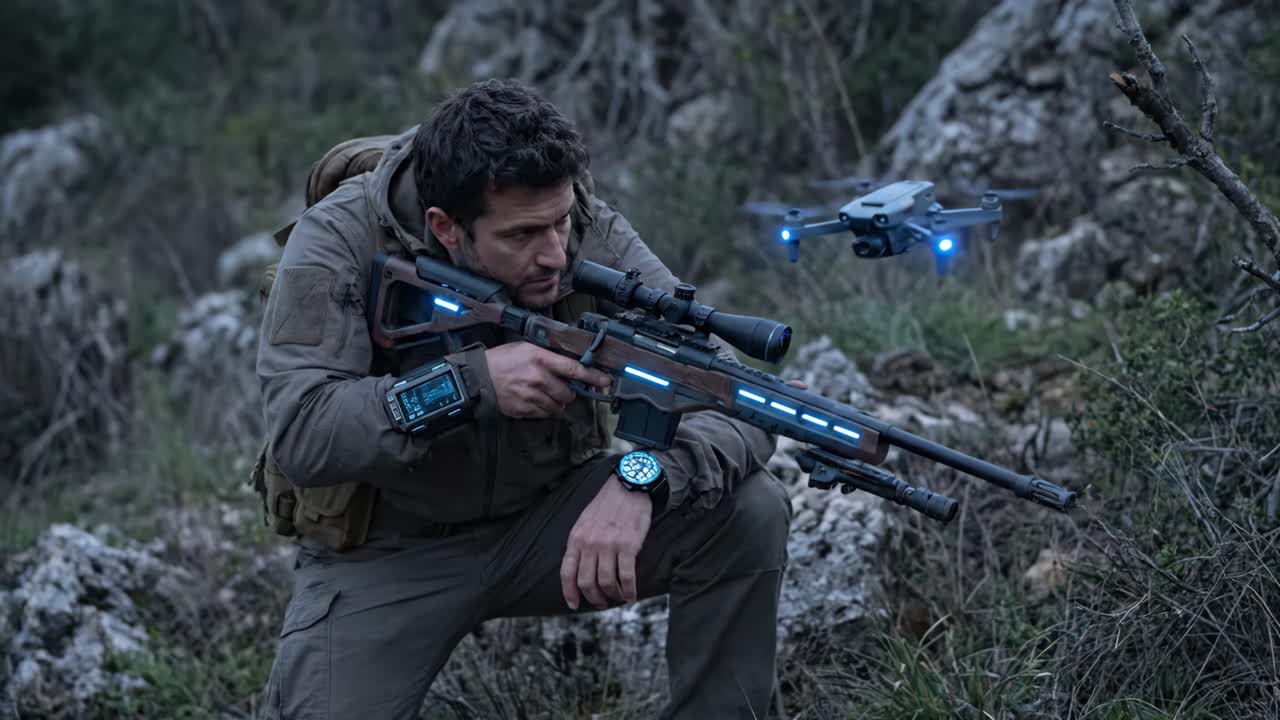 Uomo tattico con fucile futuristico e drone nella natura selvaggia