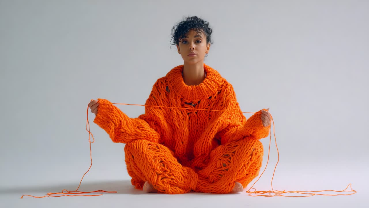 A young woman sits cross-legged in a vibrant orange oversized knitted sweater, holding strands of yarn while creating intricate patterns, radiating creativity and artistic expression in a minimalistic setting