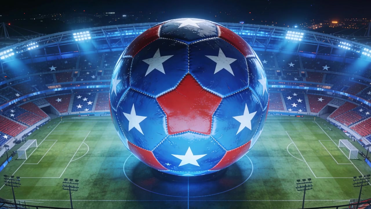I riflettori si attivano, illuminando un pallone da calcio gigante rotante che promuove una trasmissione in uno stadio professionale di notte.