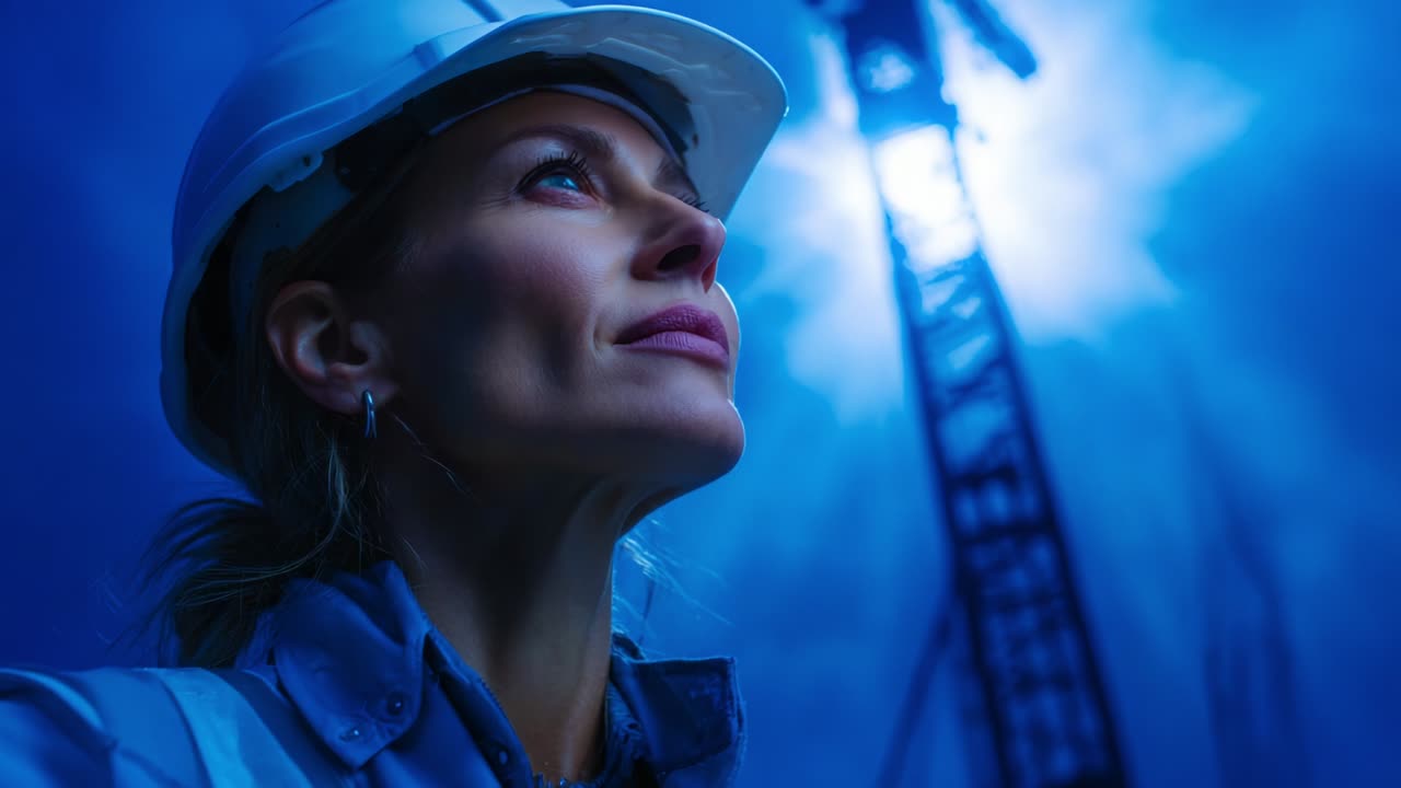 A determined female engineer, clad in safety gear and a white hard hat, gazes thoughtfully towards the construction site illuminated by blue lighting, capturing the essence of strength in a challenging work environment