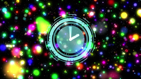 Animation-of-clock-with-moving-hands-over-glowing-lights-on-black-background