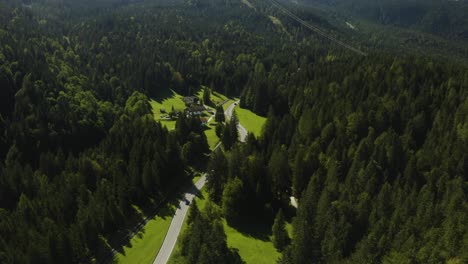 aerial tracking shot of sports car in deep german woodland