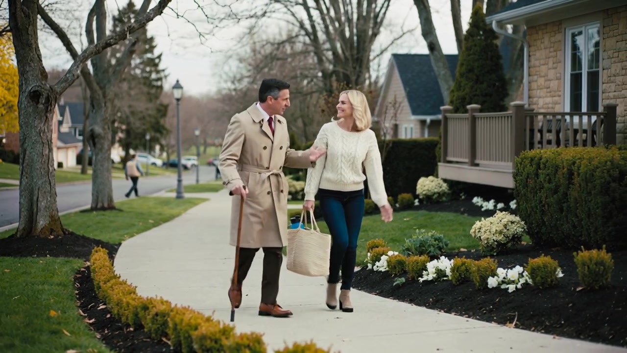 Walking couple in trench and sweater approaching on sidewalk, man gesturing, carrying cane and tote