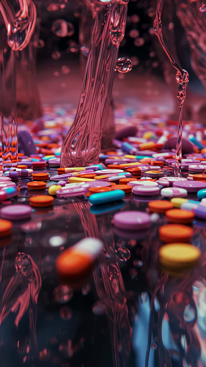Vertical video: Falling pink liquid forming column, wetting tablets, caps on black table for shine