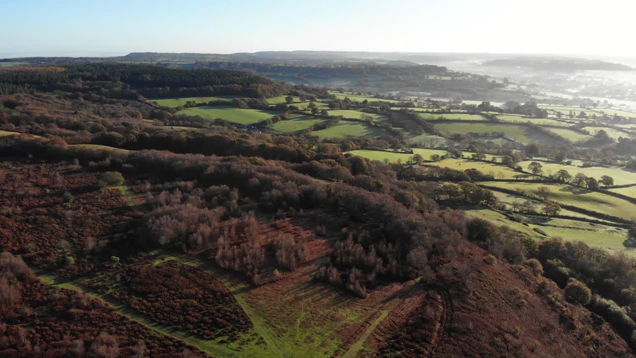 deslizamiento suave aéreo de 4k sobre los árboles asombrosos y las colinas ondulantes de la baliza de culmstock en las colinas negras de devon, inglaterra