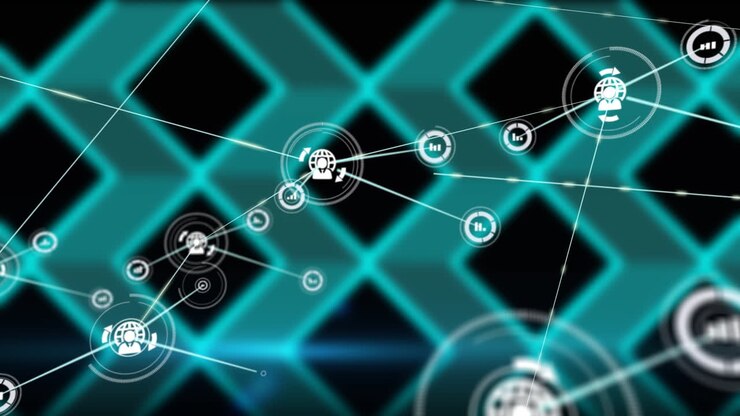 Animation af netværk af forbindelser med ikoner over former på sort baggrund