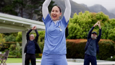 nurse, stretching and seniors in nature