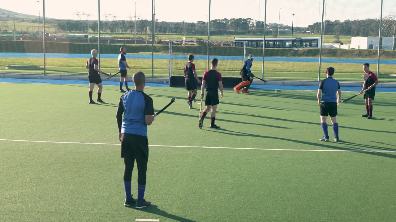 Playing field hockey, men competing in outdoor match on sunny day