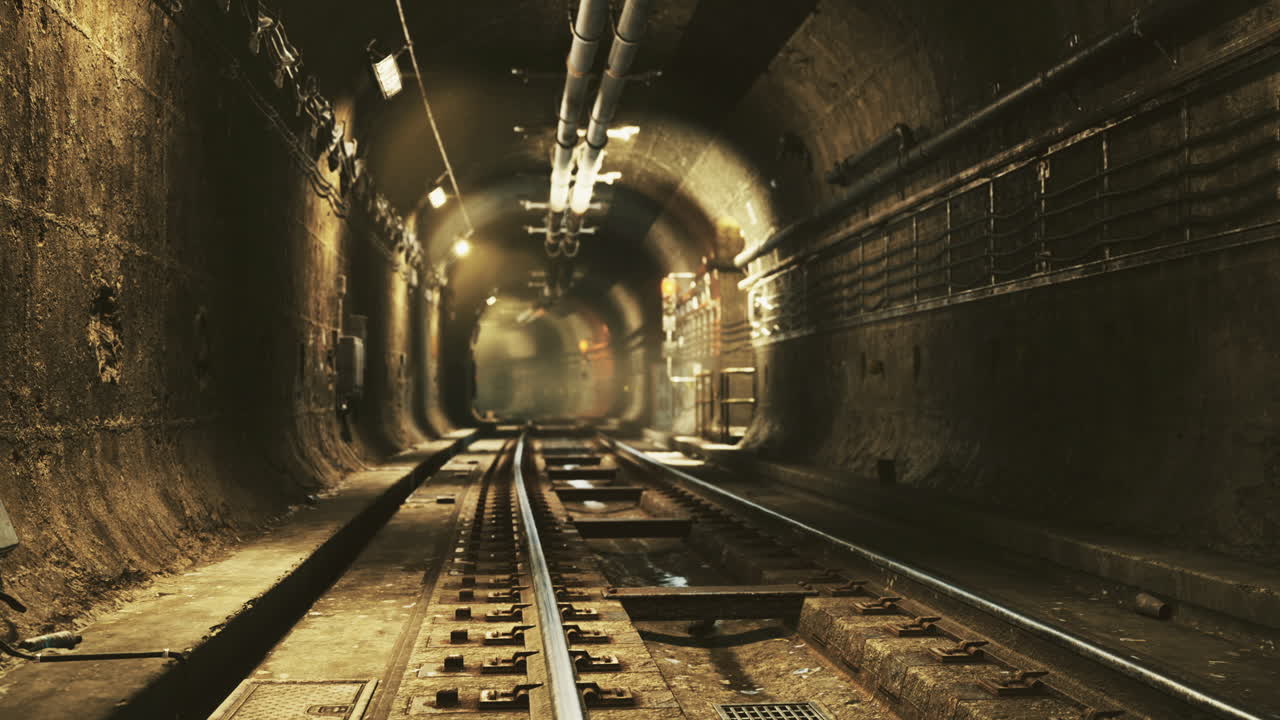 Train tracks stretch through an abandoned underground tunnel with dim lighting