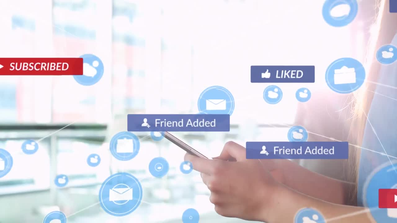 Animation of network of connection with icons over woman using smartphone