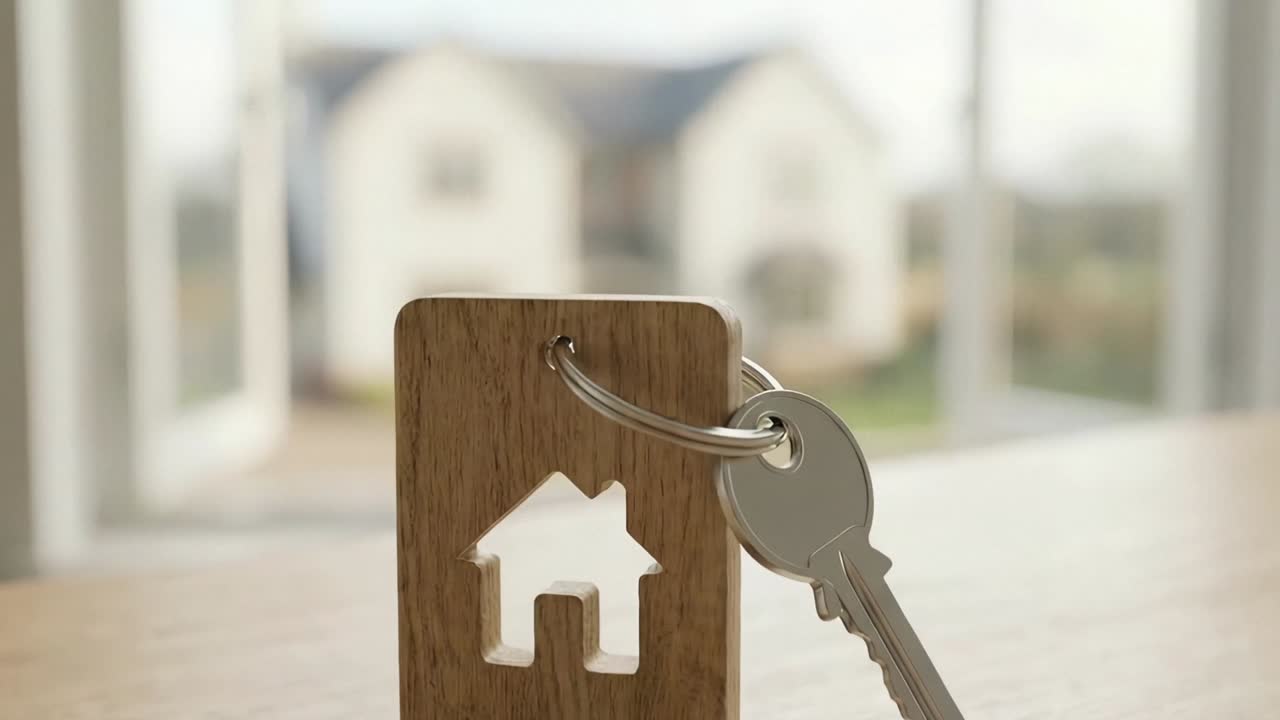 Portachiavi a forma di casa e chiavi di metallo su un tavolo, con una casa suburbana sfocata visibile attraverso una finestra aperta