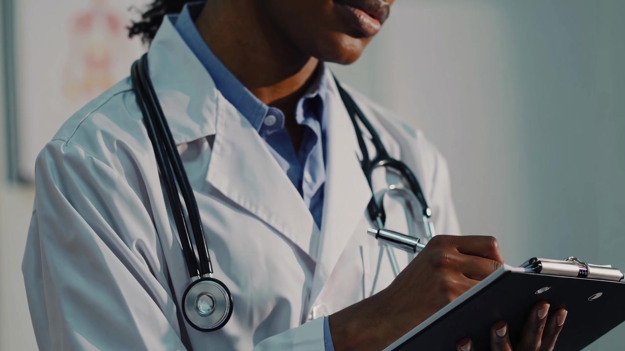 Médecin afro-américain écrivant sur un presse-papiers dans un cabinet médical