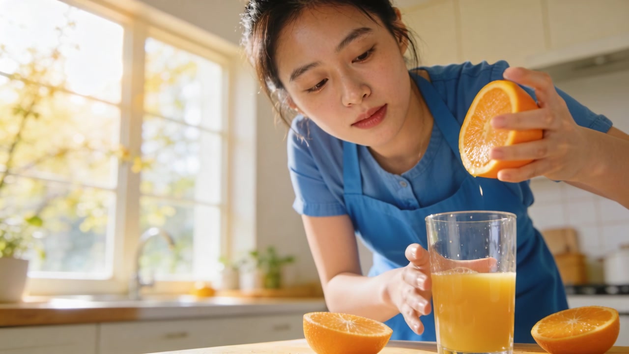 Lifting orange half, woman in blue top squeezing juice into clear glass at counter for breakfast