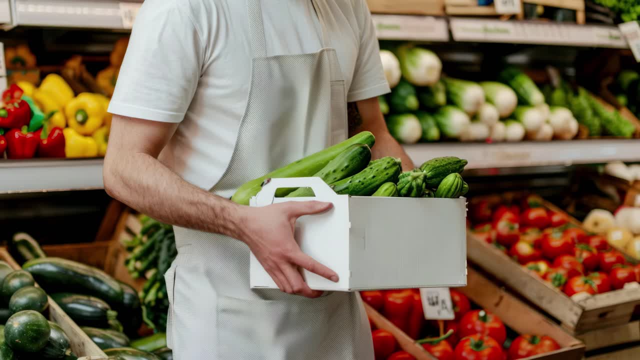 Over-the-shoulder video angle of a person in a white apron selecting fresh produce in a vibrant