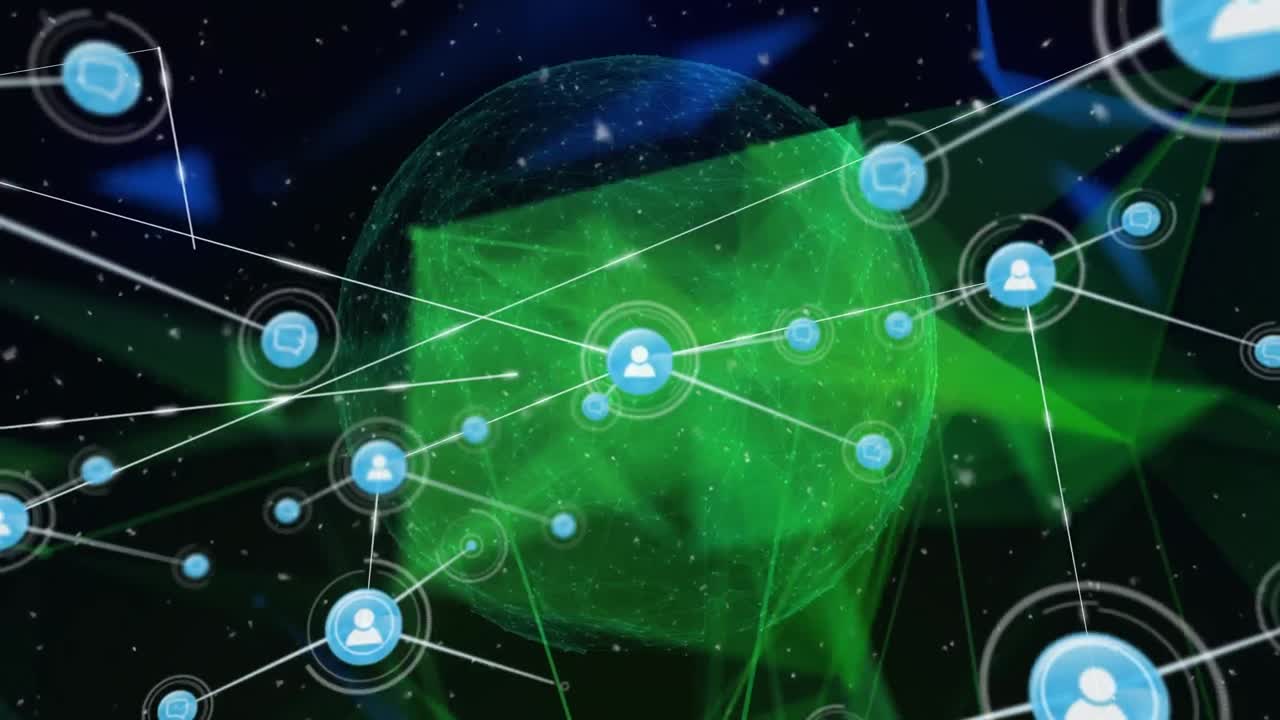 디지털 인터페이스에서 파란색과 녹색의 기하학적 모양을 가진 점들을 연결하는 프로필 아이콘의 애니메이션