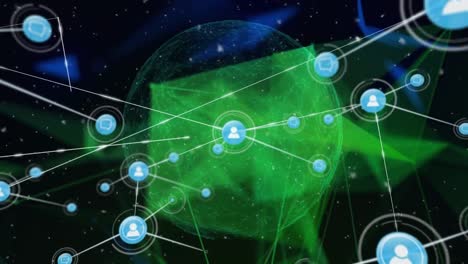 animación de iconos de perfil que conectan puntos con formas geométricas azules y verdes en la interfaz digital