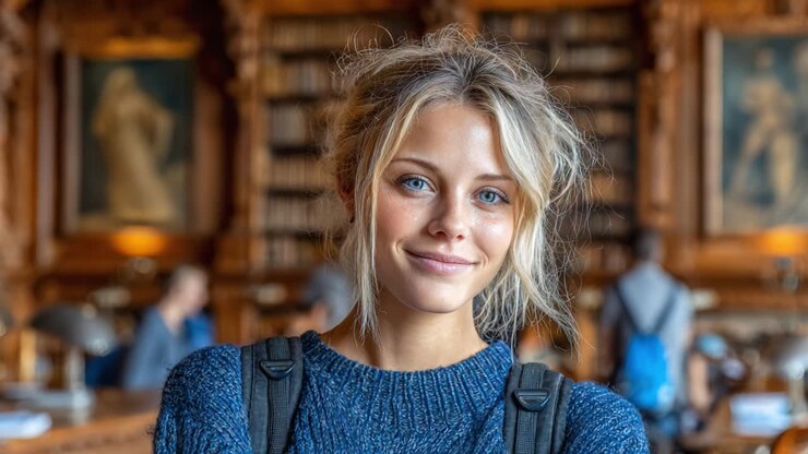 Una giovane donna con occhi azzurri sorprendenti e un sorriso caloroso posa sicura in una biblioteca dal design accattivante, incarnando conoscenza, cordialità e curiosità.