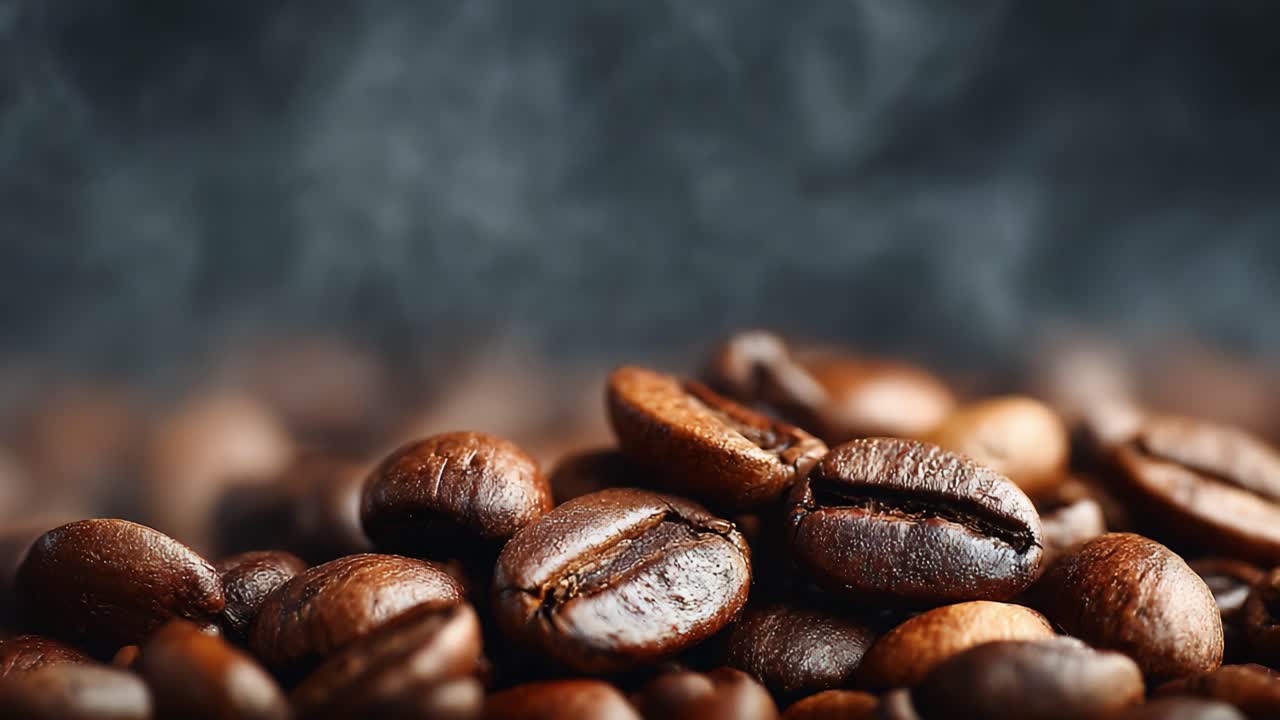 Aromatiske kaffebønner fanget i fantastisk detalje: Et nærbillede af friskristede kaffebønner drysset med damp, perfekt til kaffeelskere og entusiaster