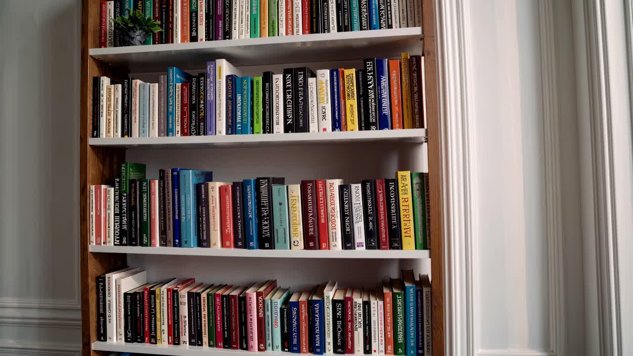 A video still of a bookshelf filled with colorful books, captured at eye-level