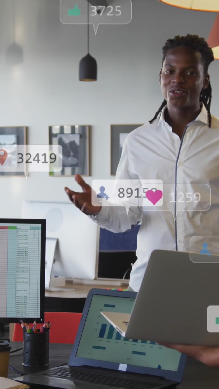 Animation of numbers and icon in notification bars, diverse coworkers talking in office