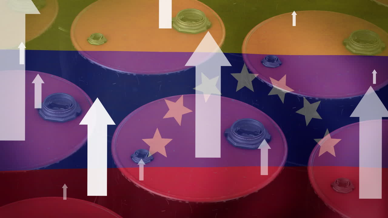 animación de flechas sobre barriles de petróleo y bandera de venezuela