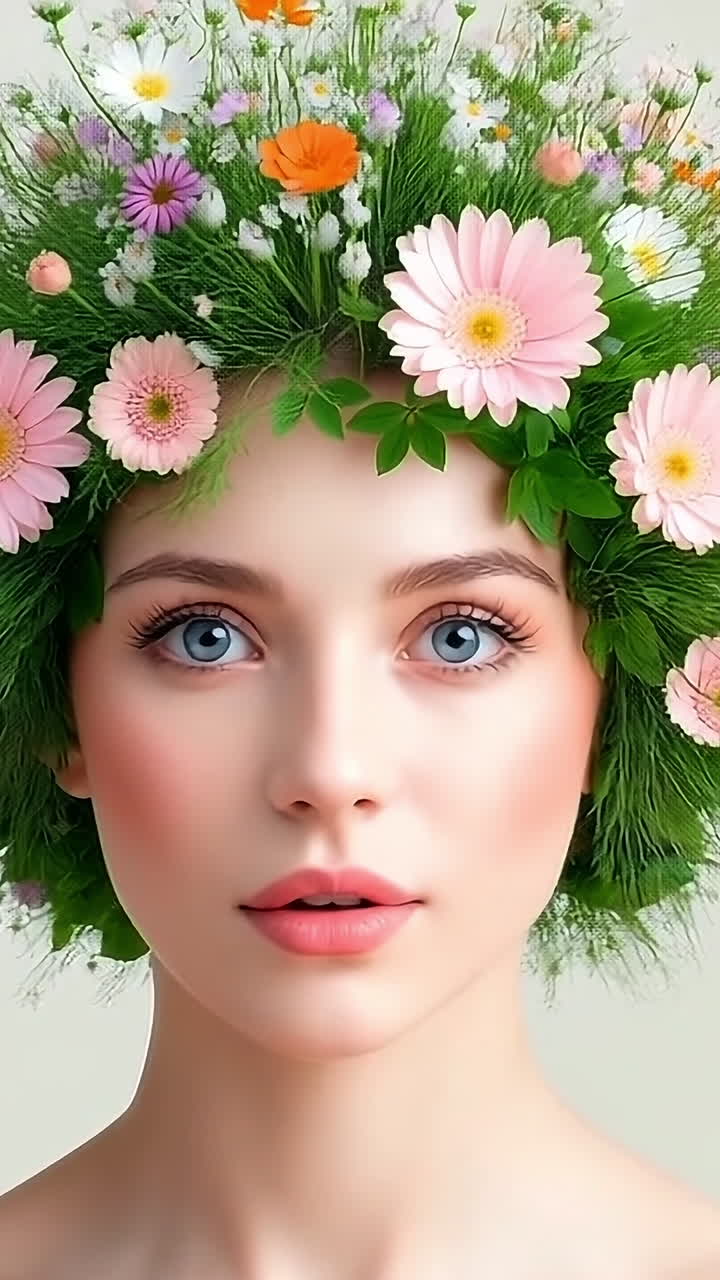 Floral crown for portraits. A young woman poses with a vibrant floral crown made of various flowers and greenery, showcasing a creative hairstyle.