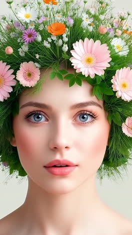 floral crown for portraits. a young woman poses with a vibrant floral crown made of various flowers and greenery, showcasing a creative hairstyle.