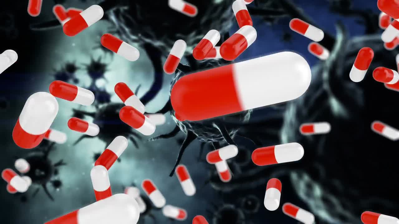 파란색 배경에 떠다니는 코로나19 세포와 알약의 애니메이션