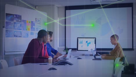Animation-of-glowing-connecting-dots-against-diverse-colleagues-having-a-video-conference-at-office