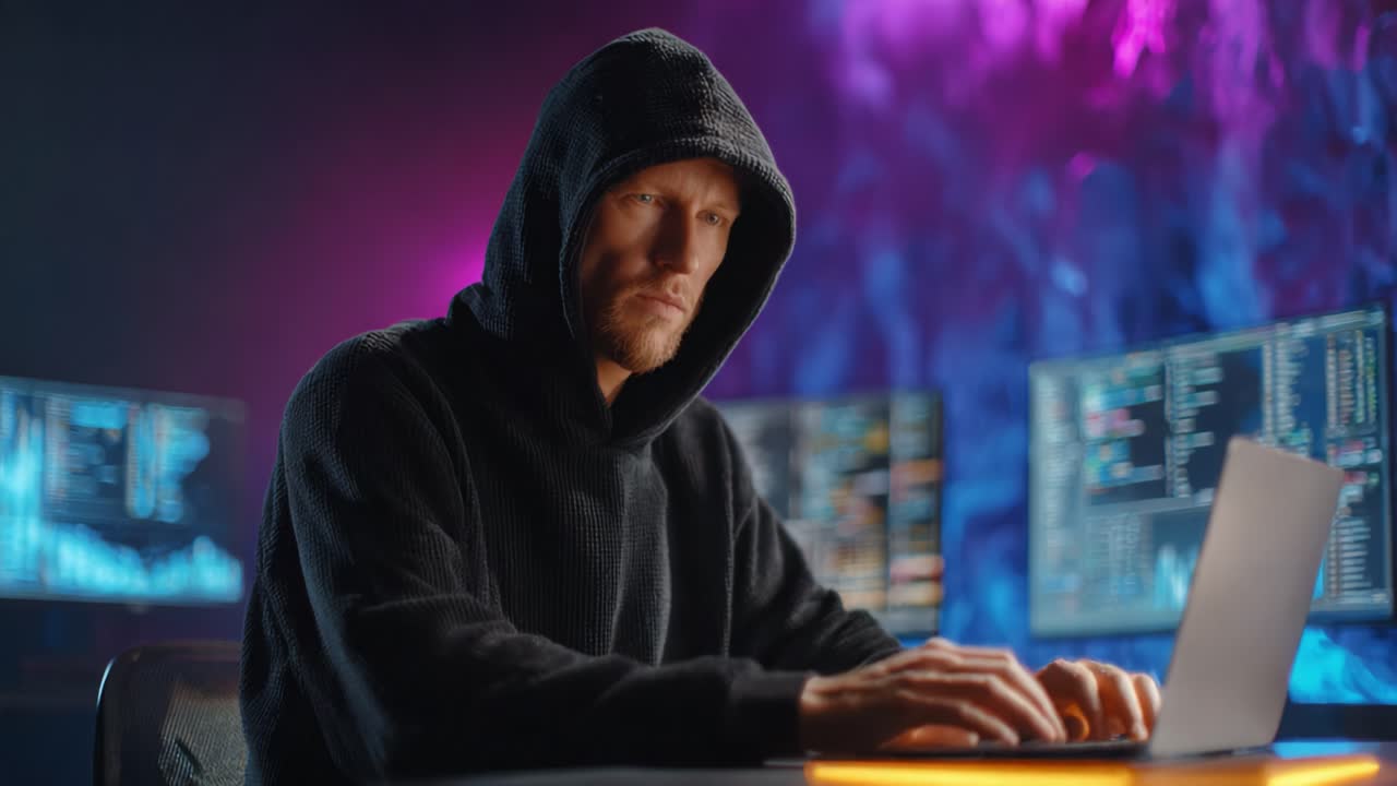 A Focused Individual in a Hoodie Engaged with a Laptop, Surrounded by Digital Displays, Emphasizing Cybersecurity and Technology in a Modern Environment