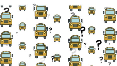 Animación-De-Iconos-De-Autobuses-Escolares-Flotando-Sobre-Un-Signo-De-Interrogación-Sobre-Fondo-Blanco