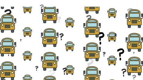 animación de iconos de autobuses escolares flotando sobre un signo de interrogación en un fondo blanco