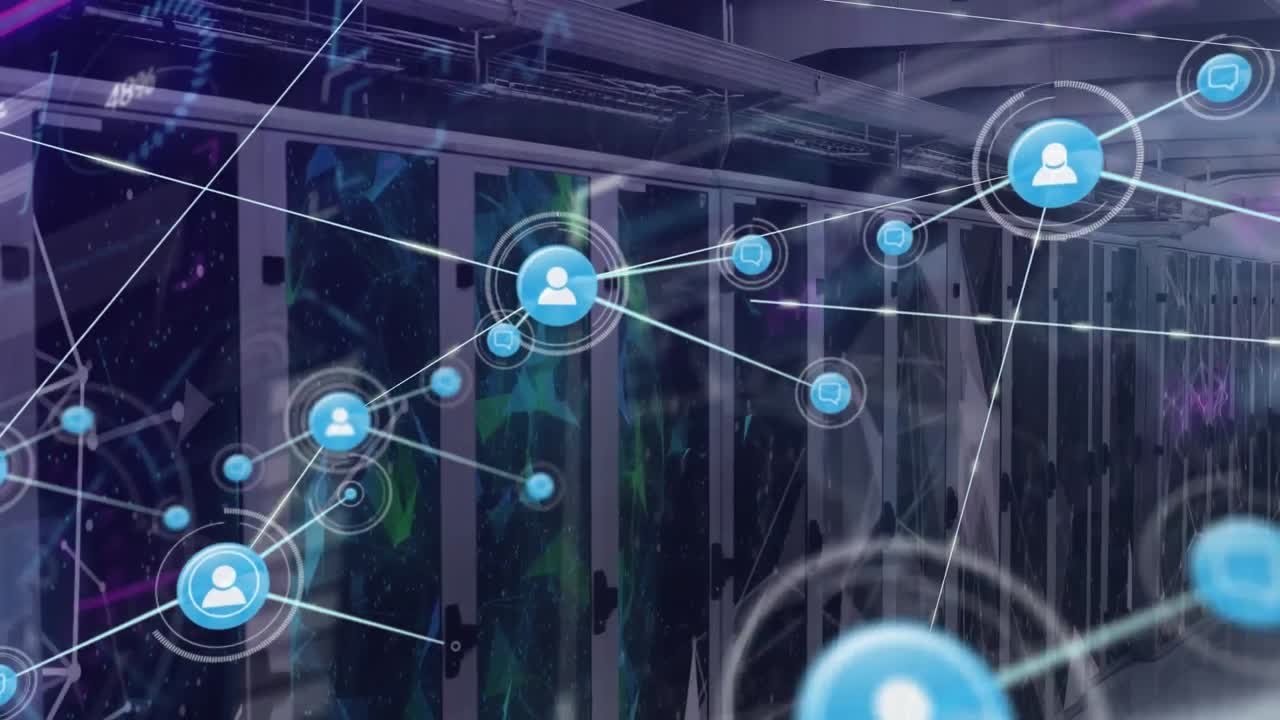 Animation of network of connections with icons and data processing over computer servers